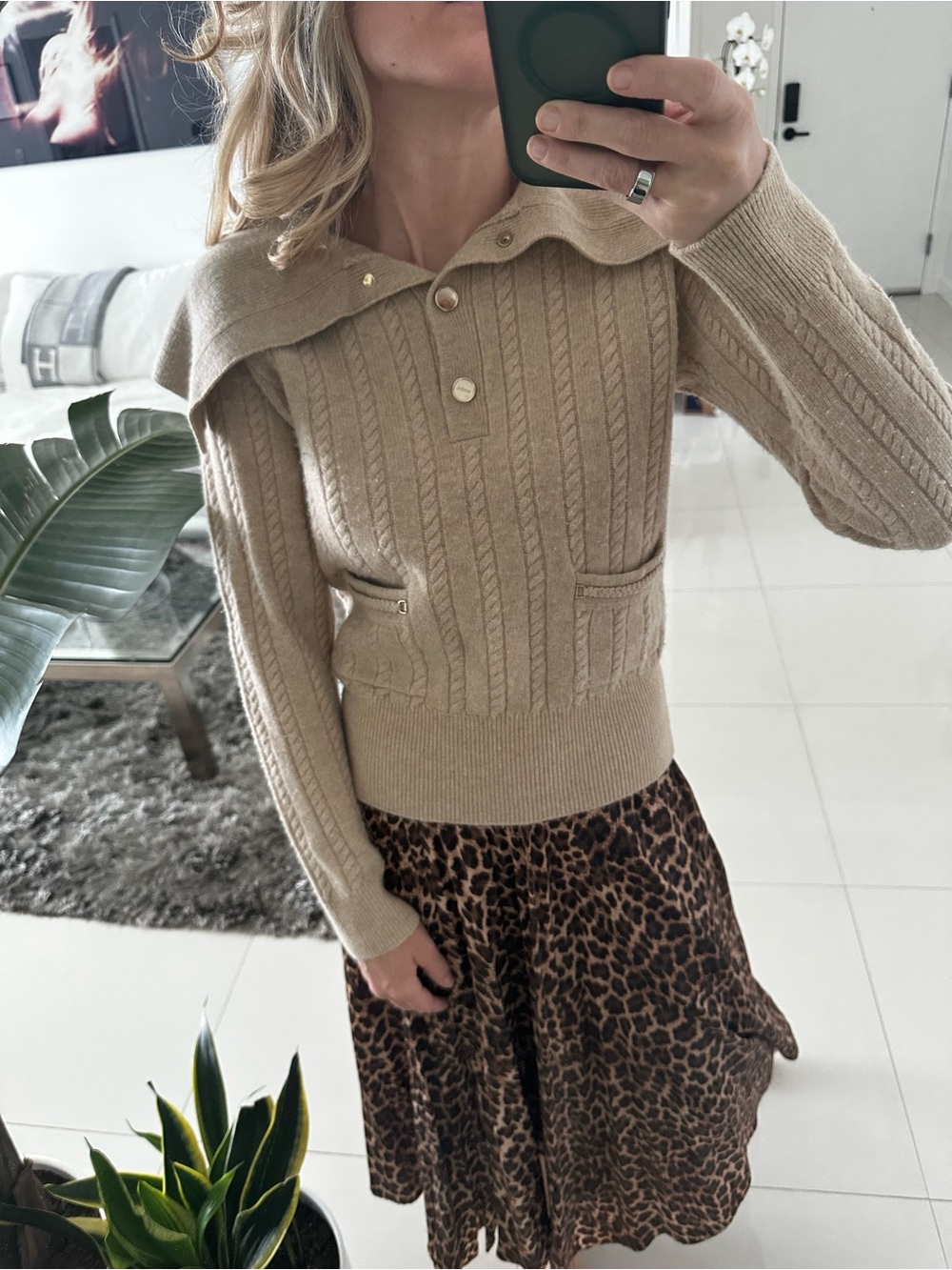 Beige Cable-Knit V-Neck Sweater with Polo Collar